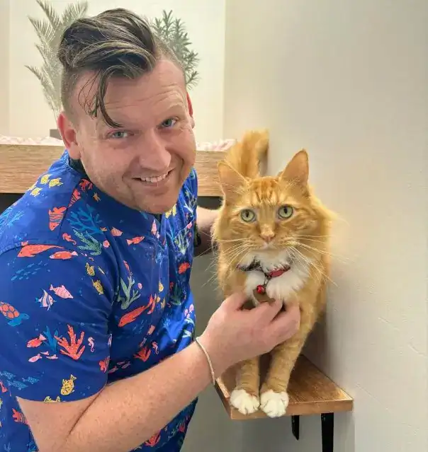 Happy guest cat with staff member at Hotel For Cats, a premium feline boarding facility in Australia.