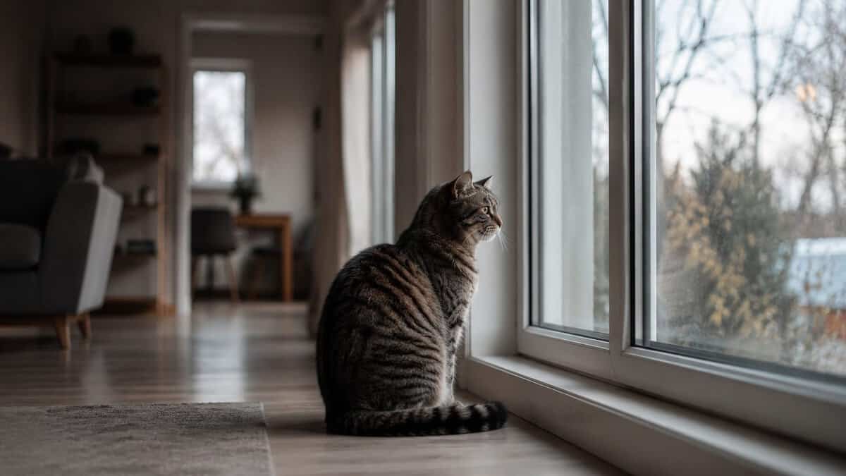 A cozy tabby cat sitting by the window at Hotel For Cats, a luxury cat boarding facility.