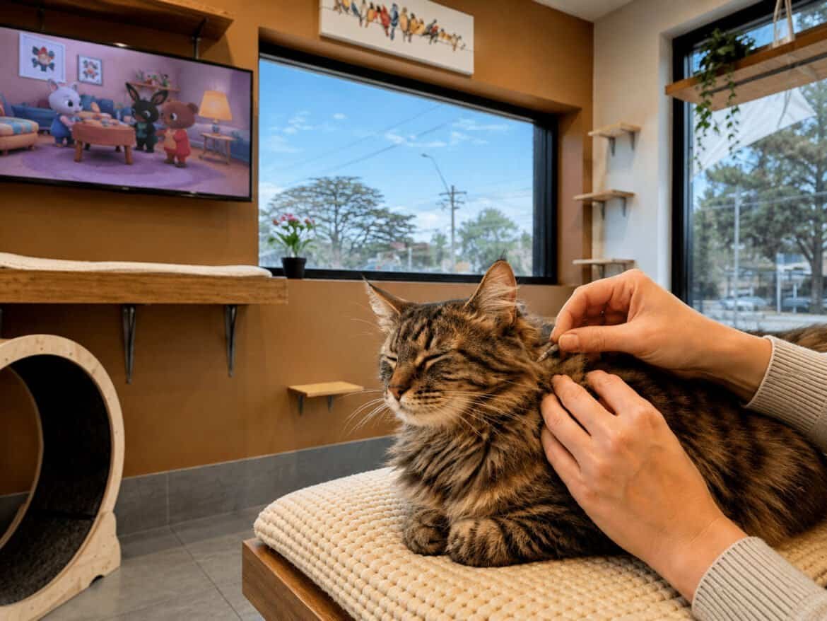 A cat receiving topical medication in the Estate Suite at Hotel for Cats